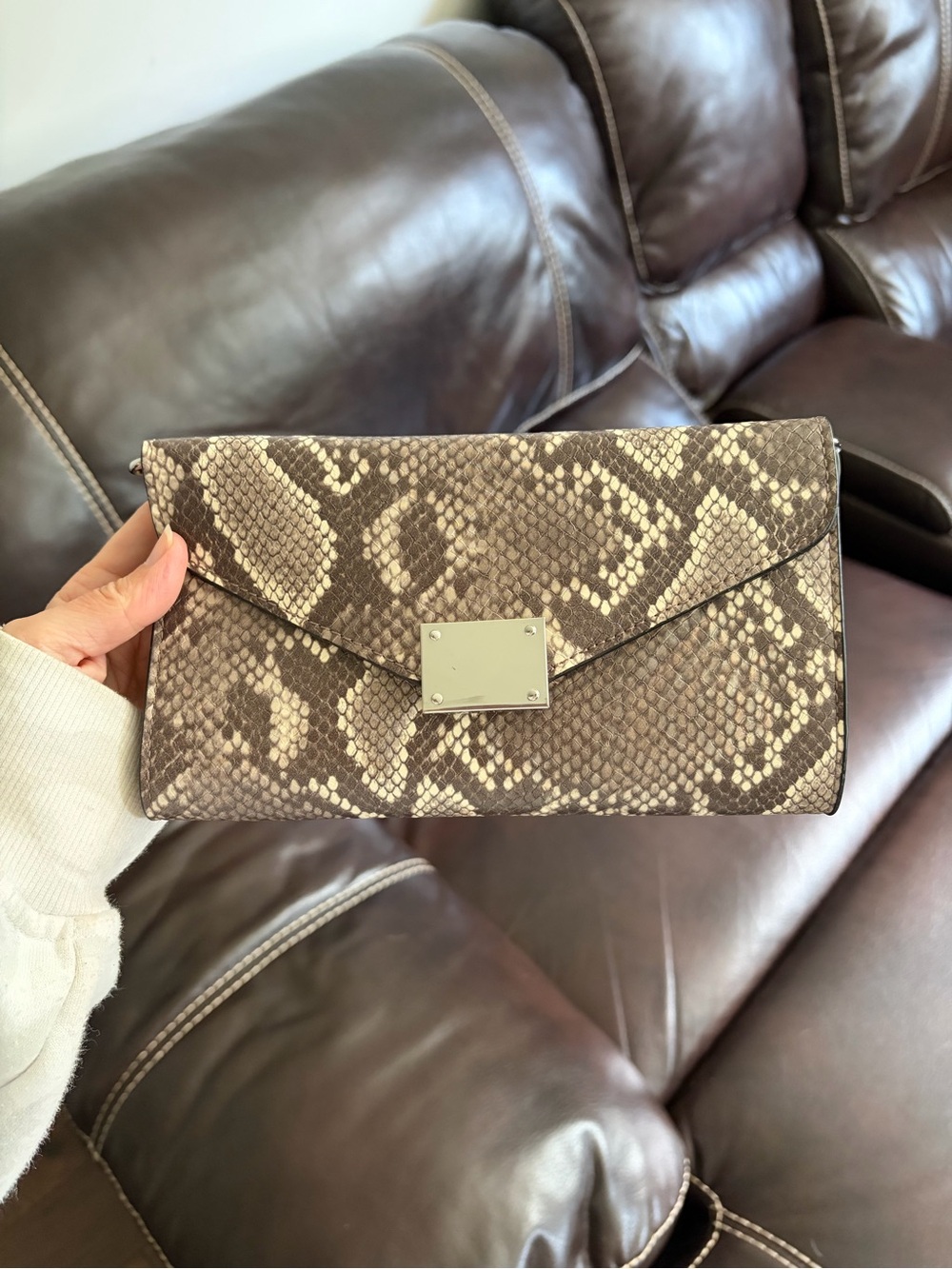 Snake-Print Envelope Clutch in Brown